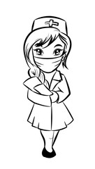 Cartoon nurse / doctor in medical mask and uniform hold patient chart in hand. Vector illustration isolated on white.