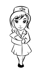 Cartoon nurse doctor in  uniform hold patient chart in hand. Vector illustration isolated on white.