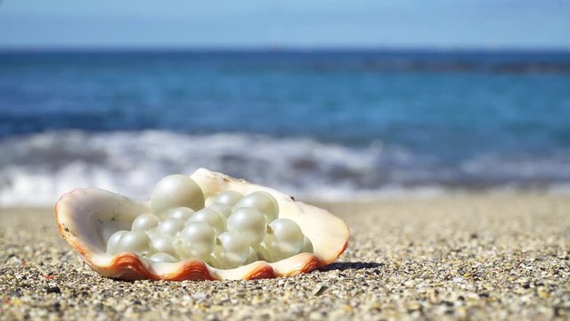 Shell with a pearls on the ocean beach. Small blurred waves rise behind.
