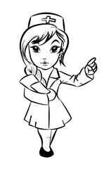 Cartoon nurse providing information with index finger up, hold patient chart in hand. Vector illustration isolated on white.