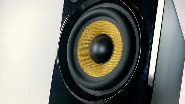 A vibrating membrane on Isolated high performance black and golden audio speaker, Part 1, STILL, SLOMO