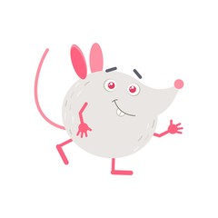 Little mouse waving hand flat vector illustration. Cute 2020 new year mascot. Adorable smiling animal isolated on white background. Friendly rat cartoon character. Creative funny sticker