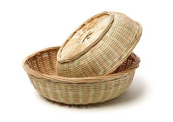 Bamboo basket hand made isolated on white background. Woven from bamboo tray.