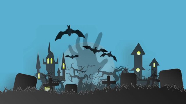 VDO Vector paper cut background.Illustration of bonfire art with decorations in Halloween,Happy Halloween colorful animation background. Castle with scary moving trees at graveyard and flying bats at