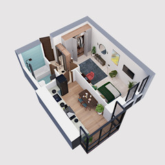 3d render plan and layout of a modern one bedroom apartment, isometric