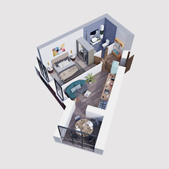 3d render plan and layout of a modern one bedroom apartment, isometric