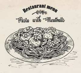beautiful hand drawing pasta with meatballs with tomato sauce. Restaurant menu - 293734462