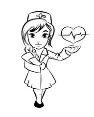 Cartoon nurse  holding a red heart and patient chart in hand. Vector illustration in lines contour  isolated on white.