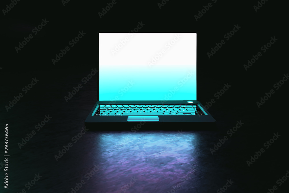 Poster laptop on a clean table with space on a dark background. realistic 3d rendering with clipping path.