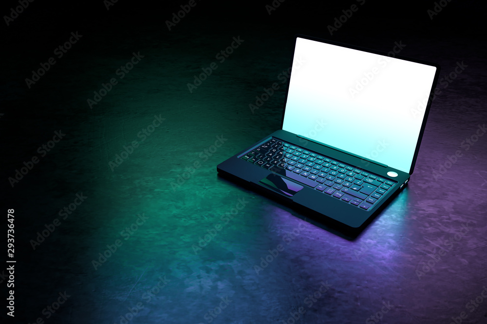Poster laptop on a clean table with space on a dark background. realistic 3d rendering with clipping path.