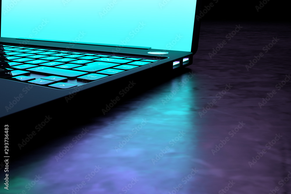 Poster laptop on a clean table with space on a dark background. realistic 3d rendering with clipping path.