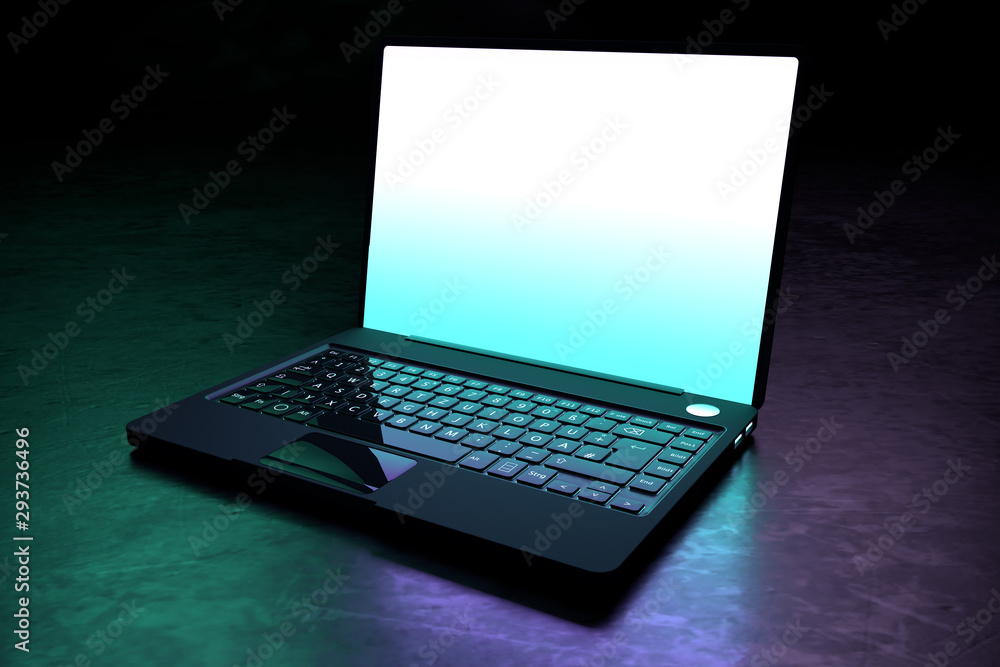 Poster laptop on a clean table with space on a dark background. realistic 3d rendering with clipping path.