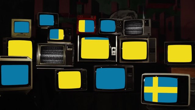 Retro TVs and the Flag of Sweden. Zoom In.