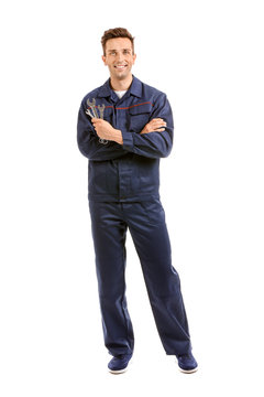 Male Car Mechanic On White Background