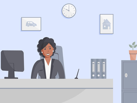 Bank office or insurance company: bank employee cute black woman sitting behind table. Elegant interior with wall clock and paintings with house and car.Safe.Vector illustration