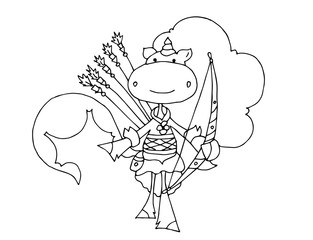 Cute fabulous unicorn with outlined for coloring book isolated on a white background. Unicorns archer with bow in hand and arrow behind.