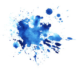 Obraz premium Abstract graphic element. The splattered spot is saturated with blue paint. Blot on a white background. Watercolor ink stain. A lot of spray