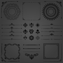 Vintage set of vector horizontal, square and round elements. Different black elements for backgrounds, frames and monograms. Classic patterns. Set of vintage patterns