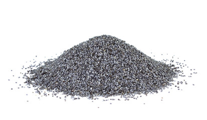 Heap of dry poppy seeds isolated on white