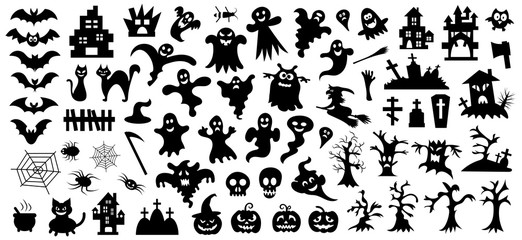 Fototapeta na wymiar Set of silhouettes of Halloween on a white background. Vector illustration