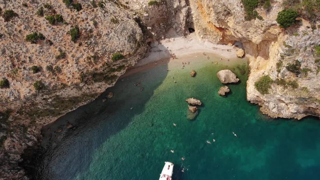 Beautiful paradise beach, aerial view from above. Cres Island, Croatia. August, 2019