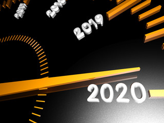 Numbers of the upcoming new year 2020 on the speedometer surface, with an arrow approaching them. 3d render.