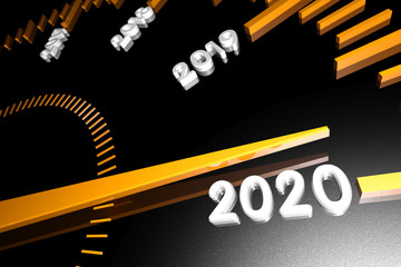 Numbers of the upcoming new year 2020 on the speedometer surface, with an arrow approaching them. 3d render.
