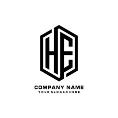 HE initials business abstract logo in the shape of a hexagon, with a thick line connected around the letters