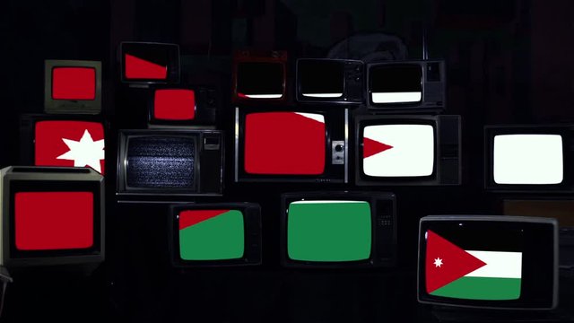 Retro TVs and the Flag of Jordan. Zoom In. Blue Dark Tone. 