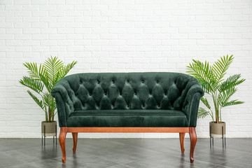 Comfortable sofa and houseplants near white brick wall