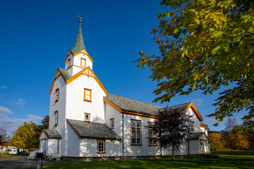 Fototapeta na wymiar Old white wooden church in Sømna municipality in northern Norway