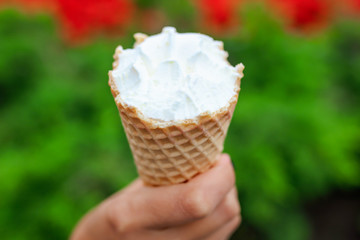 Ice cream horn in hand in the park