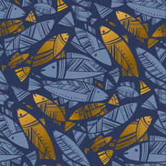 Blue and gold abstract herring or cod seamless pattern