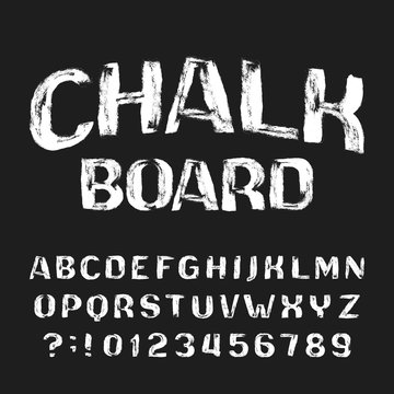Chalk Board alphabet font. Handwritten grunge messy letters and numbers. Stock vector typescript.