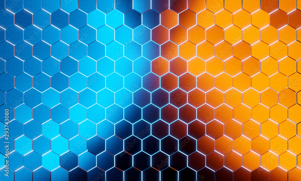 Poster glowing black blue and orange hexagons background pattern on silver metal surface 3d rendering