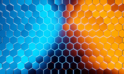 Glowing black blue and orange hexagons background pattern on silver metal surface 3D rendering