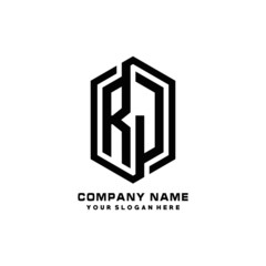 RJ initials business abstract logo in the shape of a hexagon, with a thick line connected around the letters