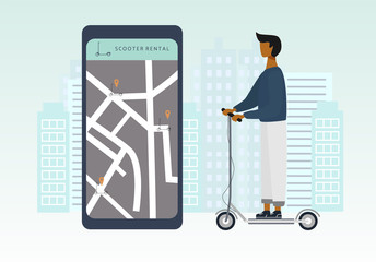 Scooter sharing or rental concept. Young man on electric scooter riding in the city. Online e-scooter rent service on big smartphone. Vector illustration for banner, web, mobile app, flyer, poster