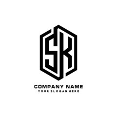 SK initials business abstract logo in the shape of a hexagon, with a thick line connected around the letters