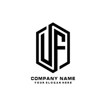 UF initials business abstract logo in the shape of a hexagon, with a thick line connected around the letters