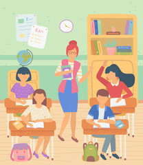 Classroom vector, teacher with book teaching kids. Lesson geography discipline leaning, schoolgirl answering question, Classmates sitting by desks. Back to school concept. Flat cartoon