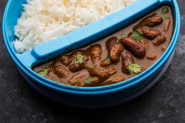 Rajmah / Razma Chawal in tiffin or lunch box, selective focus