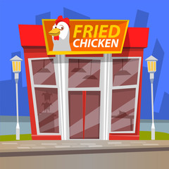 Fried chicken building with urban lights outdoor, cafe of fast food. Exterior of restaurant or shop of frying meat, panoramic windows, city meal vector. Application game development scene