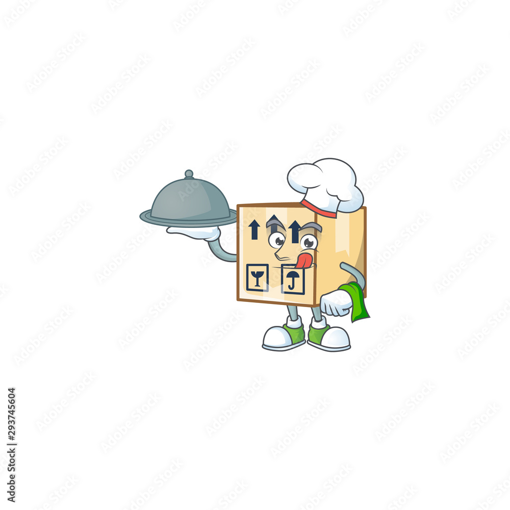 Poster chef with food cardboard close mascot on white background