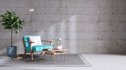 Modern loft  living room and decorating ideas with modern mid county furniture .3d render