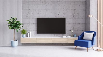  TV cabinet and display. loft interior of living room, blue wall with concrete wall .3d render