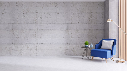 Modern loft  living room and decorating ideas , blue wall with concrete wall .3d render - obrazy, fototapety, plakaty