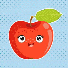 Funny Red Apple with kawaii face. Coloring, sticker, postcard, scrapbooking, products for children.