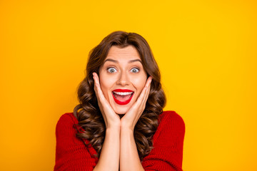 Photo of cheerful charming fascinating cute girlfriend rejoicing with curly wavy happiness isolated...