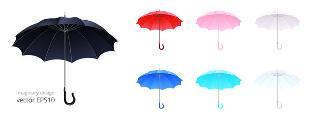 Open umbrella cane. 12 ribs and classic crook handle. Vector set of 3d realistic rain umbrellas. Collection of devices with a different colors. Black, red, blue, pink, cyan and transparent canopies © oleskalashnik